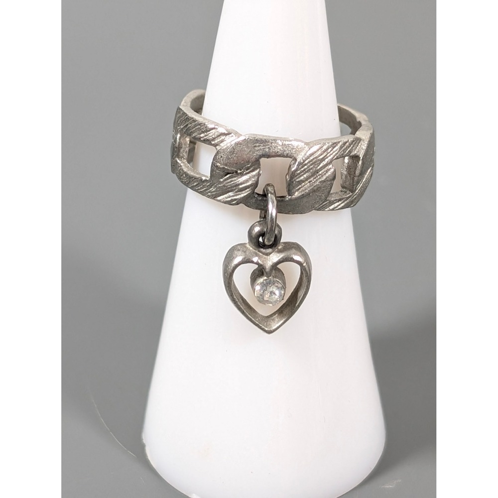 Vintage Matte Silver Tone Heart Dangle Ring‎ Size 5 Modernist Minimalist